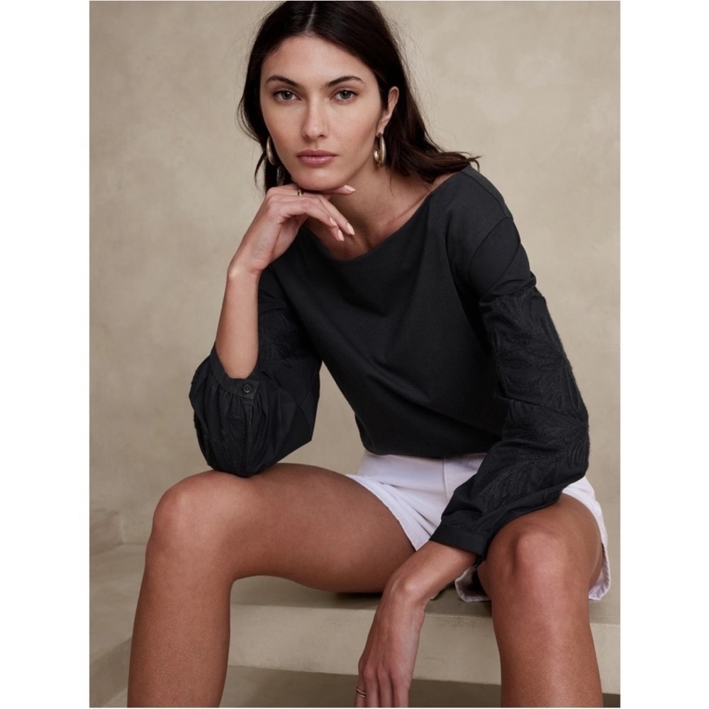 Banana Republic Factory EMBROIDERED VOLUME-SLEEVE TOP Medium NWT Black